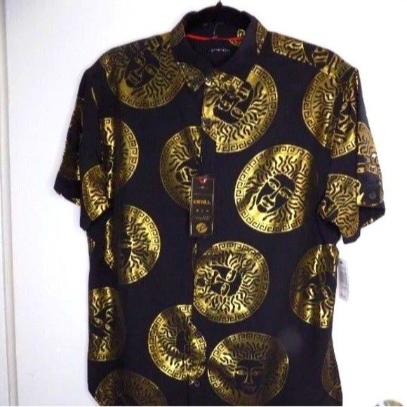 Men's Black Gold Short Sleeves Hot Drilling Baroque Artful T-shirt